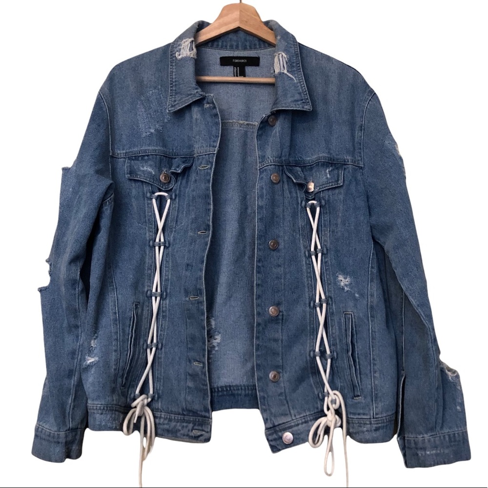 FOREVER 21 Distressed Denim Jean Jacket with Decorative Cord Lacing